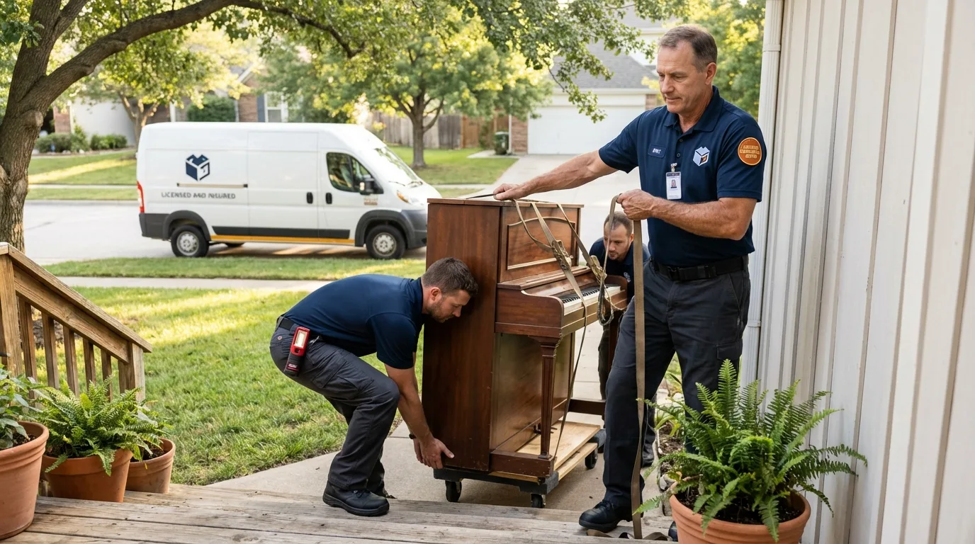 Licensed piano movers securing grand piano in Chester, GA
