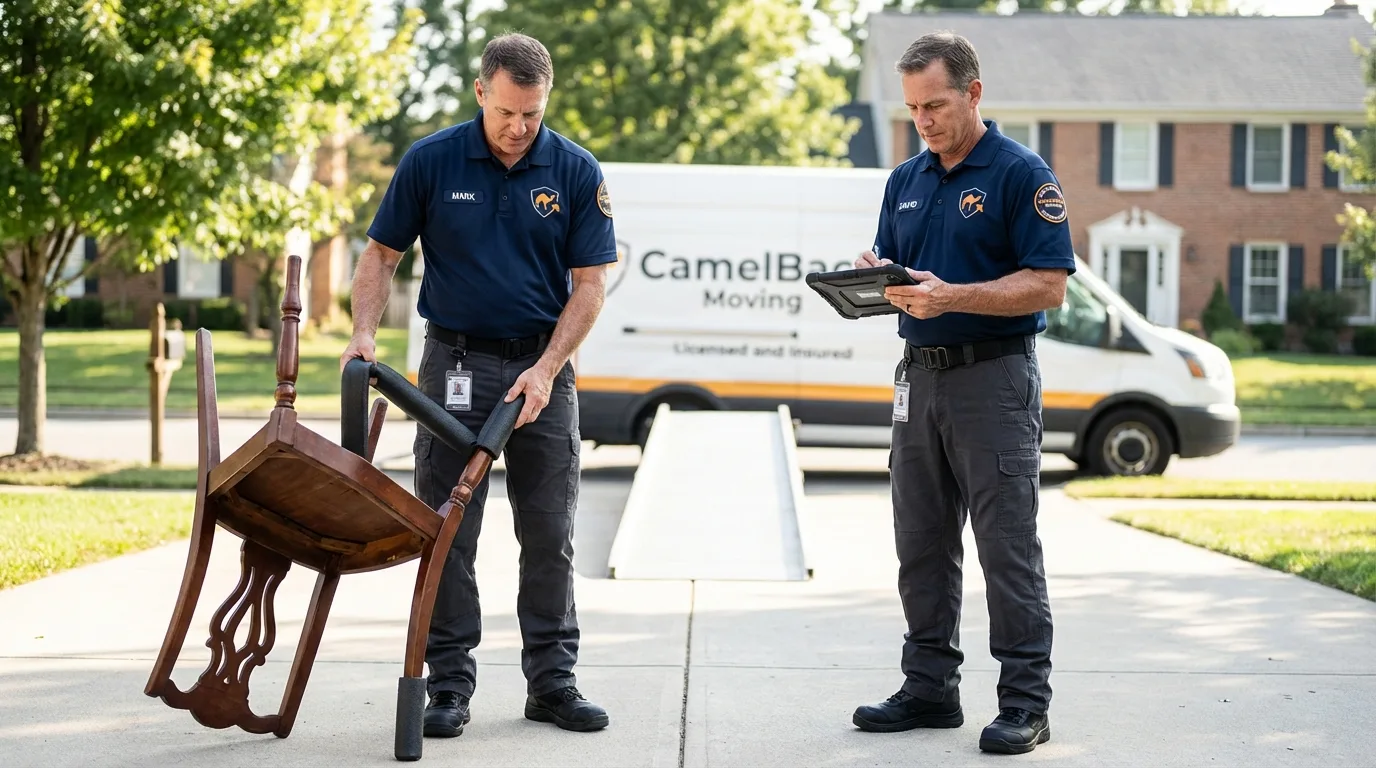 Movers inspecting furniture for damage prevention before loading in Chester, GA