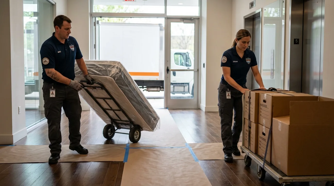 Professional apartment movers loading elevator in Chester, GA